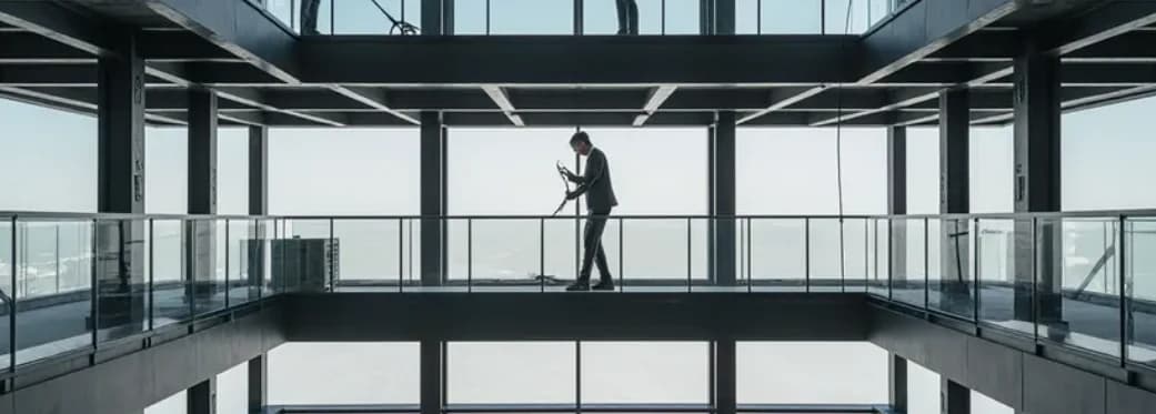 Building interior with a steel walkway and glass facade