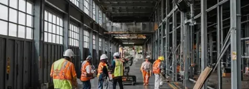 Workers in high-visibility vests walking through a factory floor