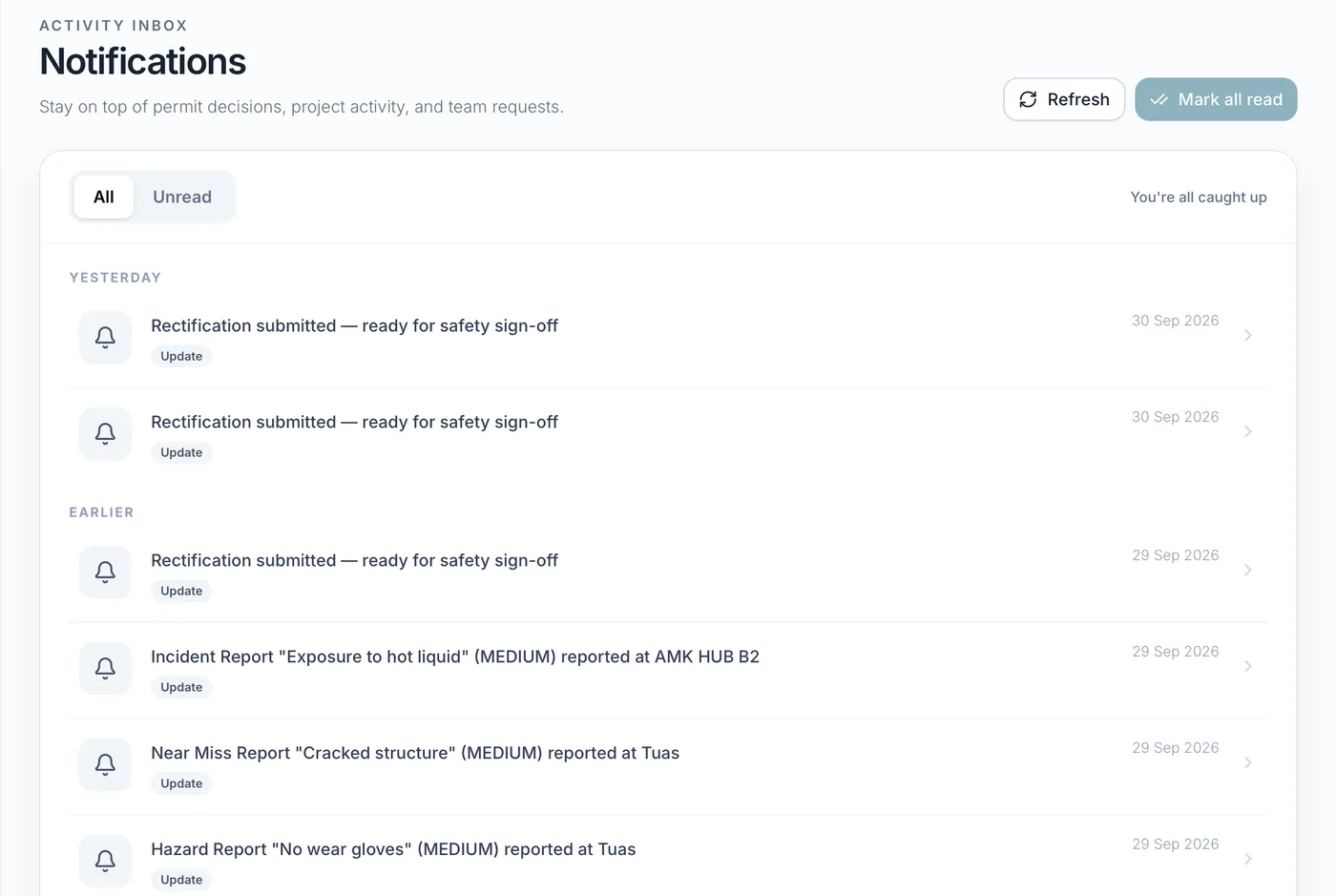 SafeXel notifications inbox showing rectifications ready for safety sign-off